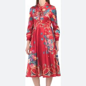 NWT Dalia macphee silky red long sleeve patterned dress